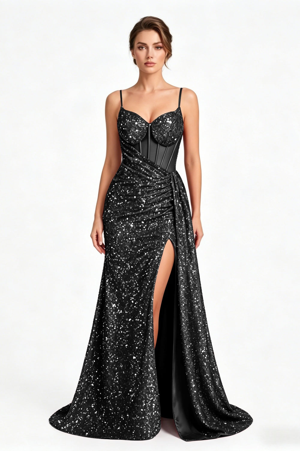 Burgundy Sequin Spaghetti Straps Mermaid Long Prom Dress with Slit