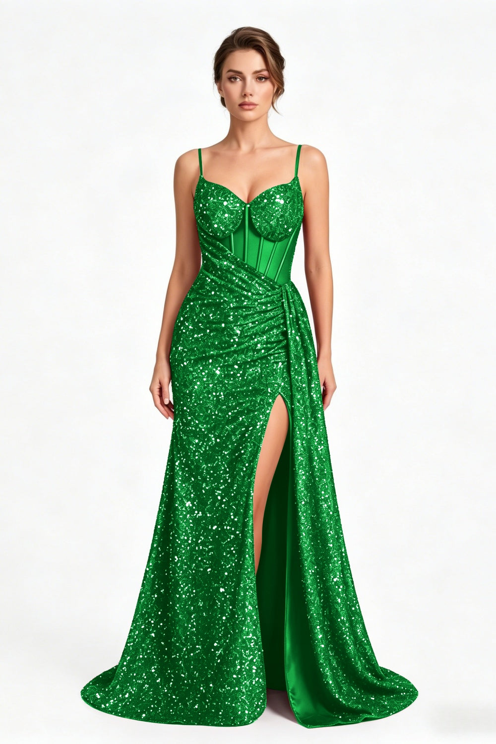 Burgundy Sequin Spaghetti Straps Mermaid Long Prom Dress with Slit