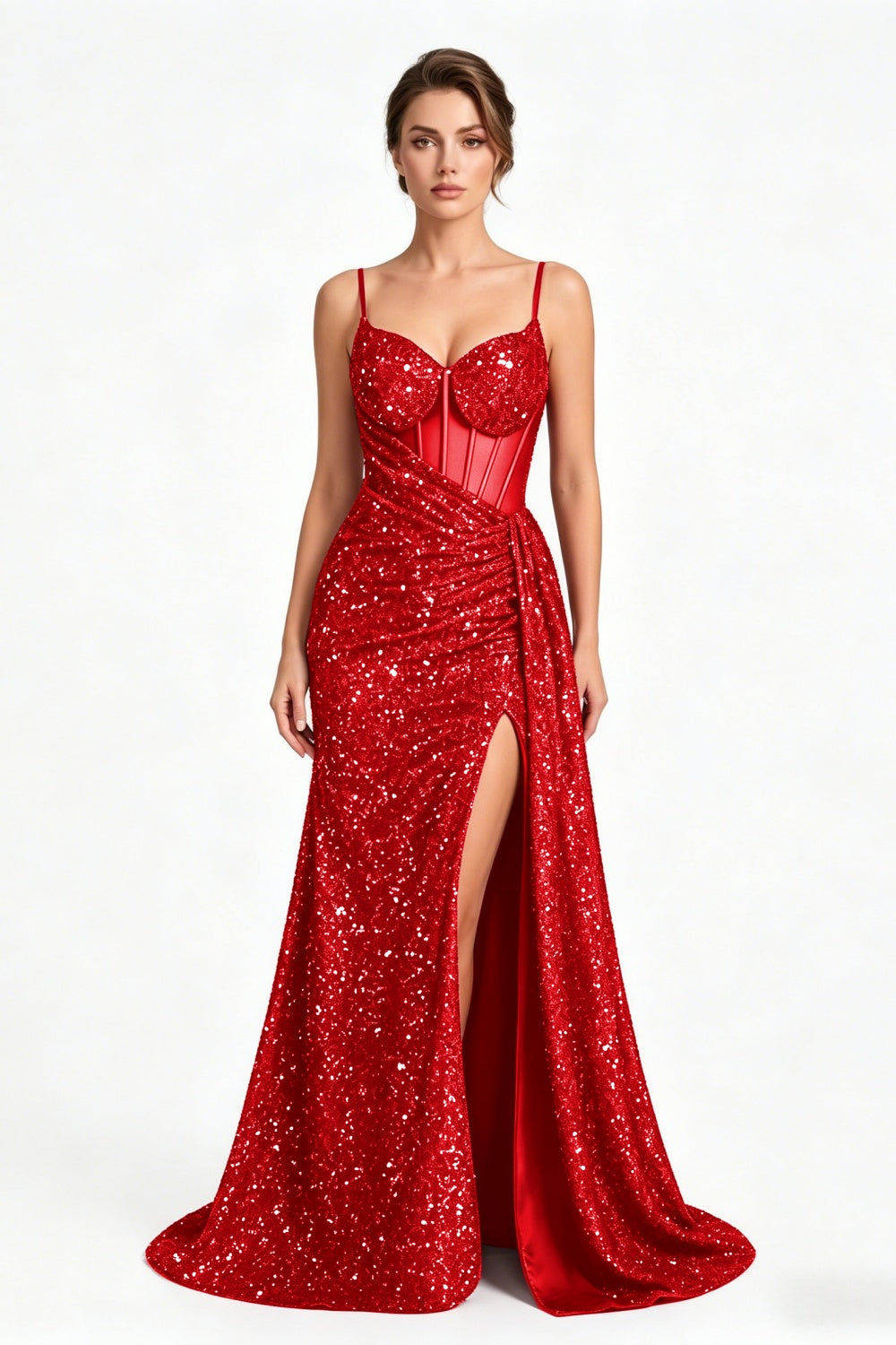 Burgundy Sequin Spaghetti Straps Mermaid Long Prom Dress with Slit