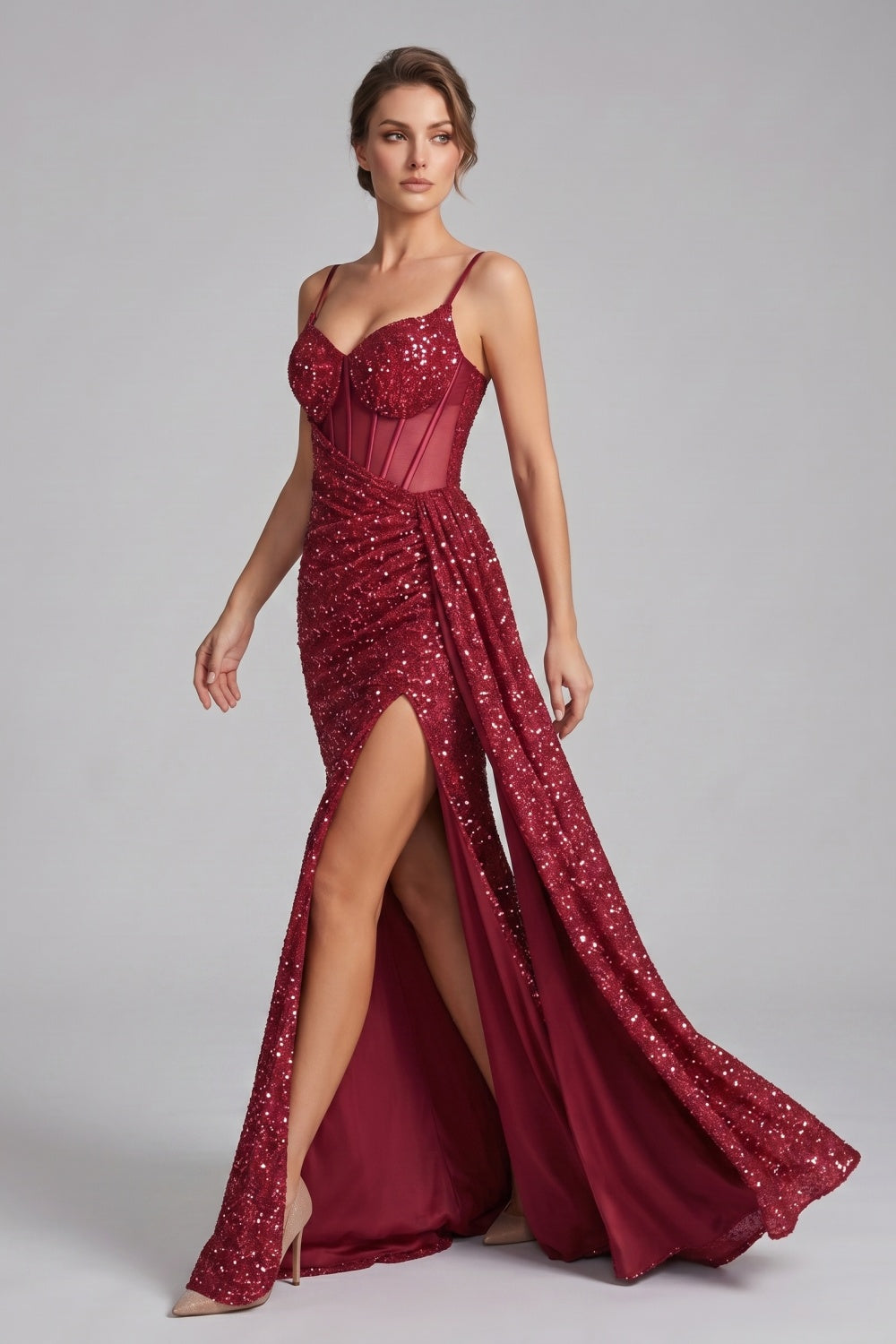 Burgundy Sequin Spaghetti Straps Mermaid Long Prom Dress with Slit