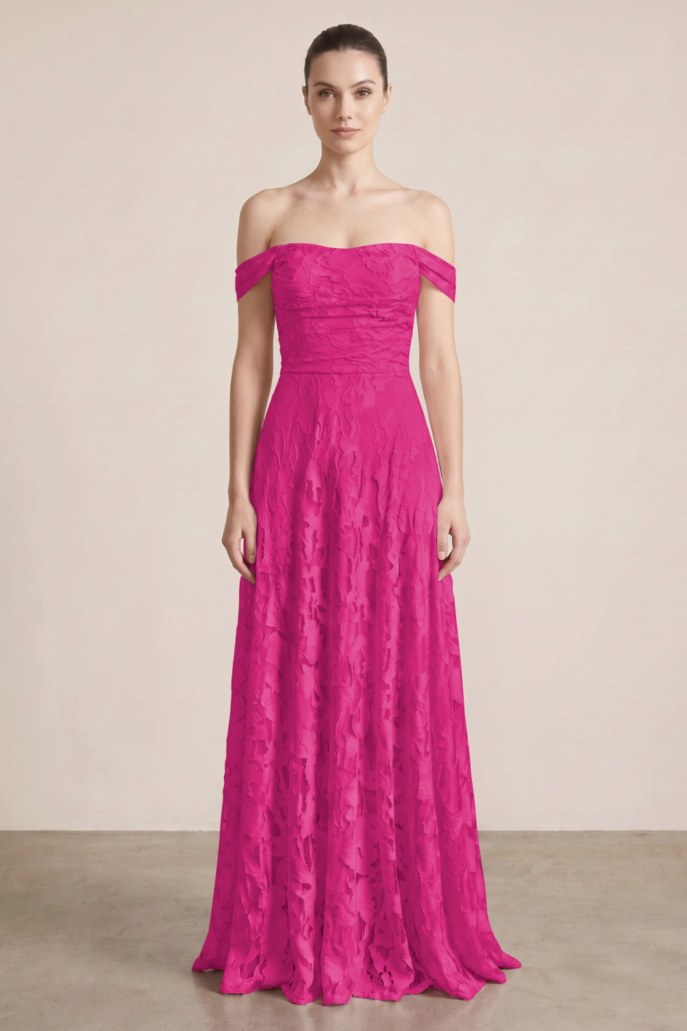 Pink A-Line Off-the-Shoulder Floral Long Prom Dress
