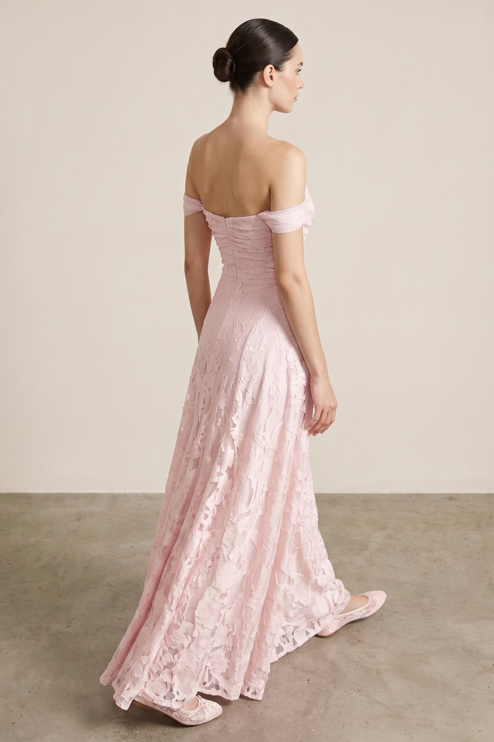 Pink A-Line Off-the-Shoulder Floral Long Prom Dress