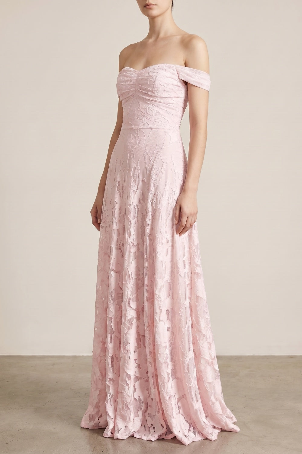 Pink A-Line Off-the-Shoulder Floral Long Prom Dress