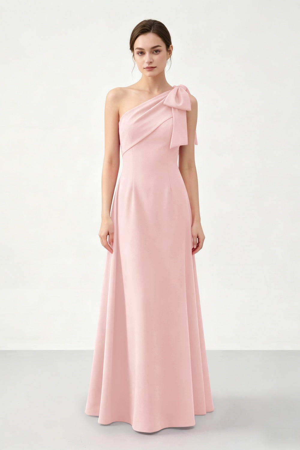 Fuchsia A-Line One Shoulder Satin Long Prom Dress with Bow