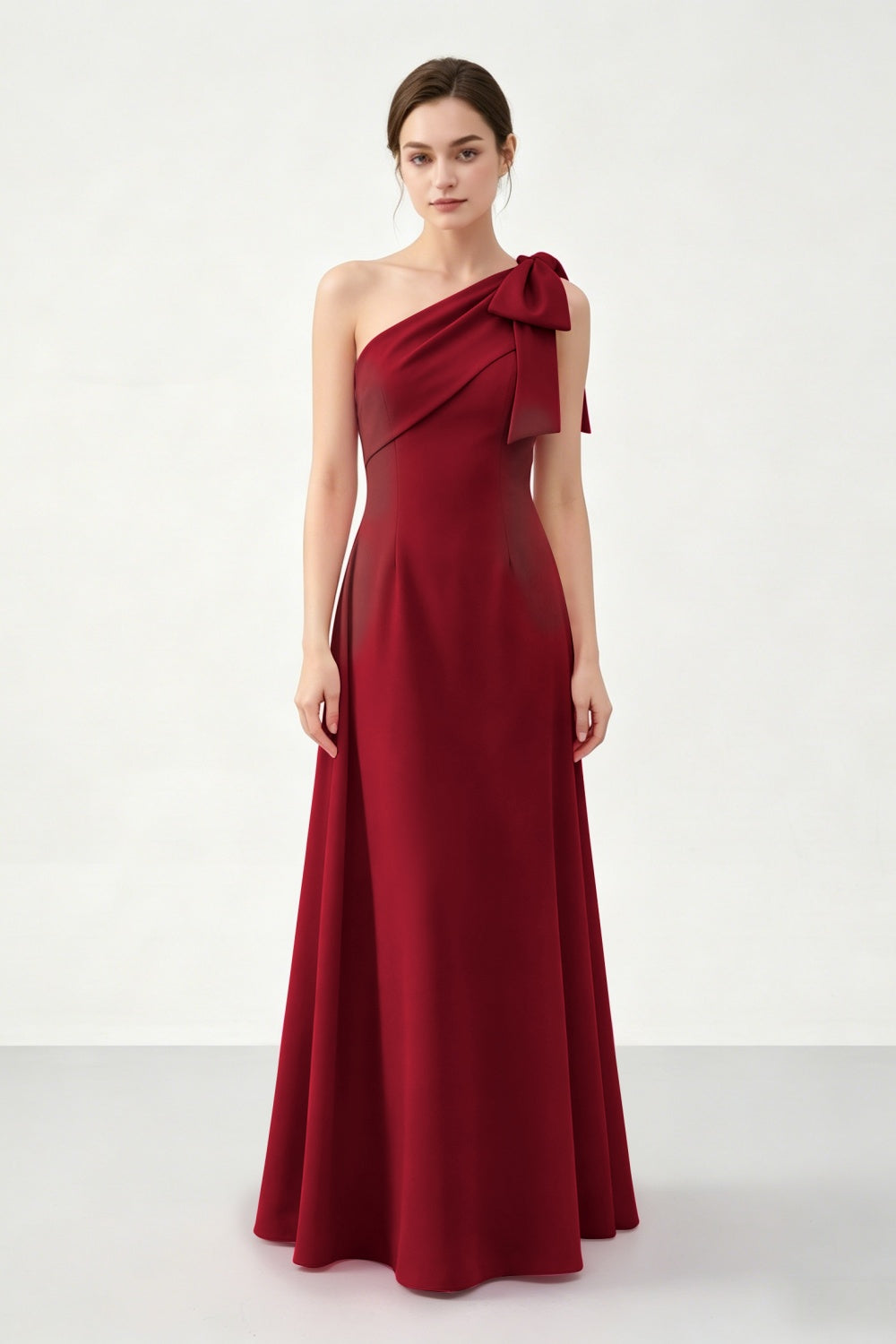 Fuchsia A-Line One Shoulder Satin Long Prom Dress with Bow