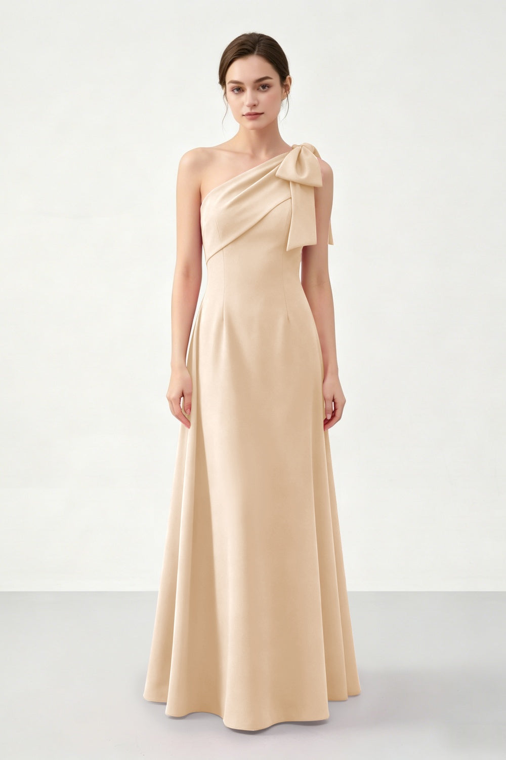 Fuchsia A-Line One Shoulder Satin Long Prom Dress with Bow