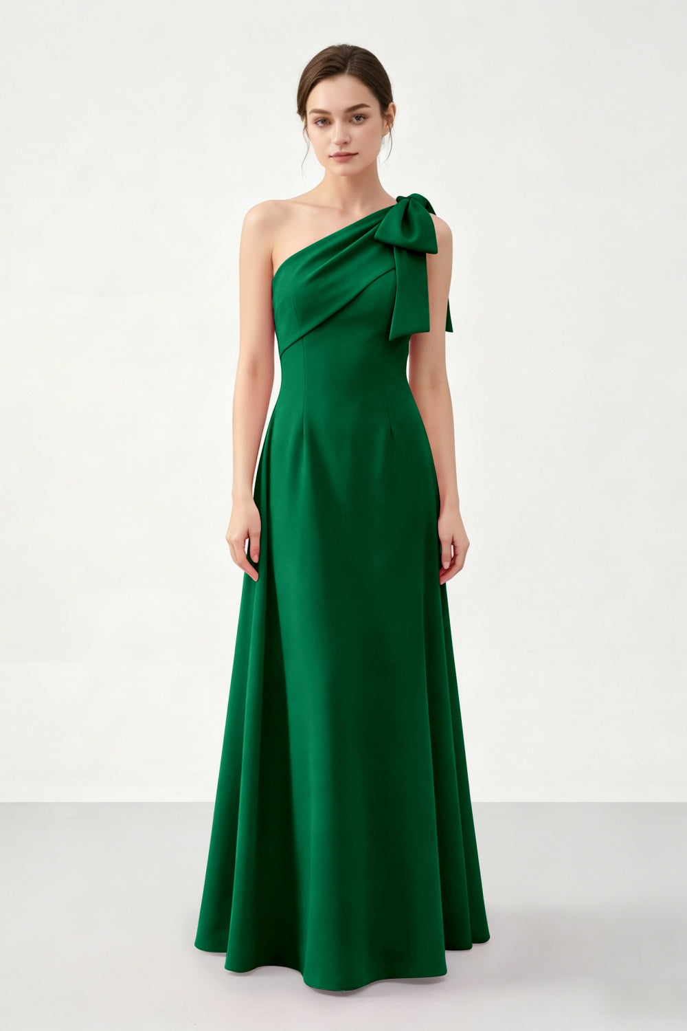 Fuchsia A-Line One Shoulder Satin Long Prom Dress with Bow