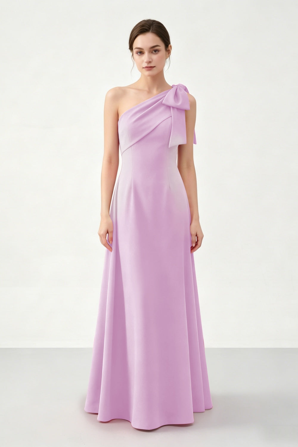 Fuchsia A-Line One Shoulder Satin Long Prom Dress with Bow