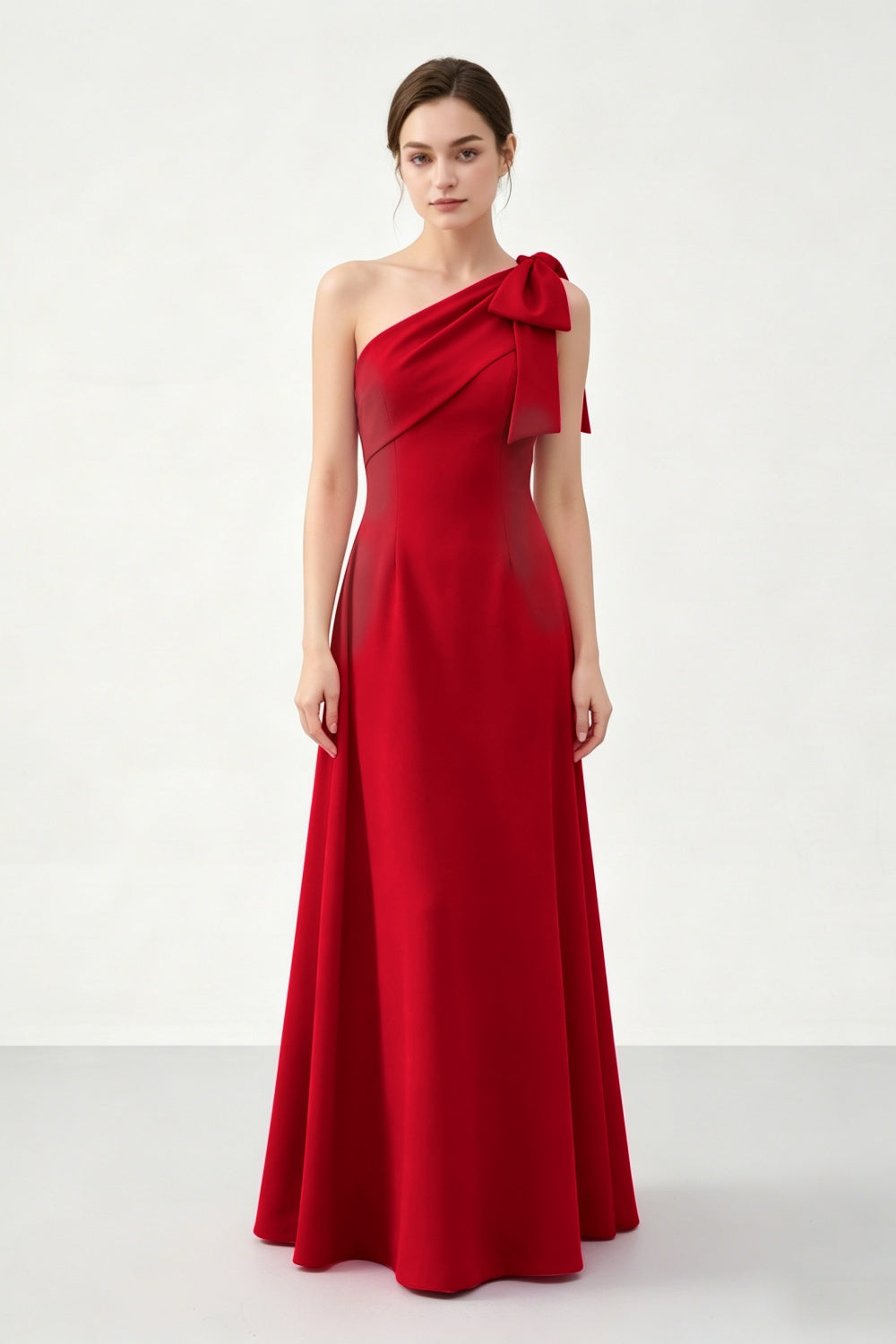 Fuchsia A-Line One Shoulder Satin Long Prom Dress with Bow