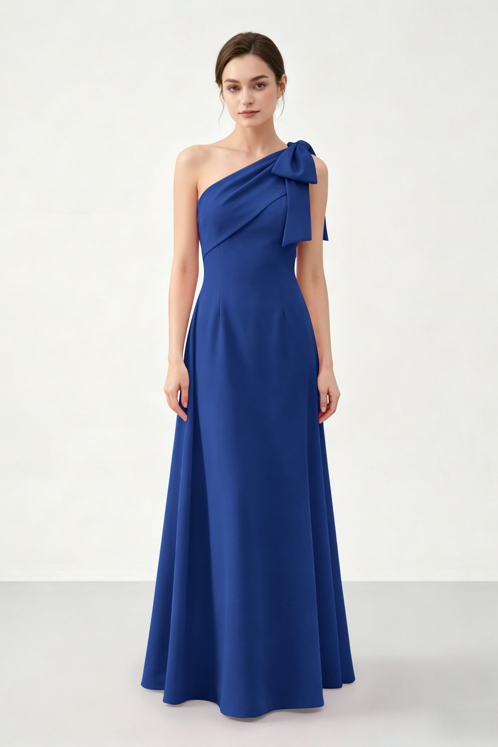 Fuchsia A-Line One Shoulder Satin Long Prom Dress with Bow
