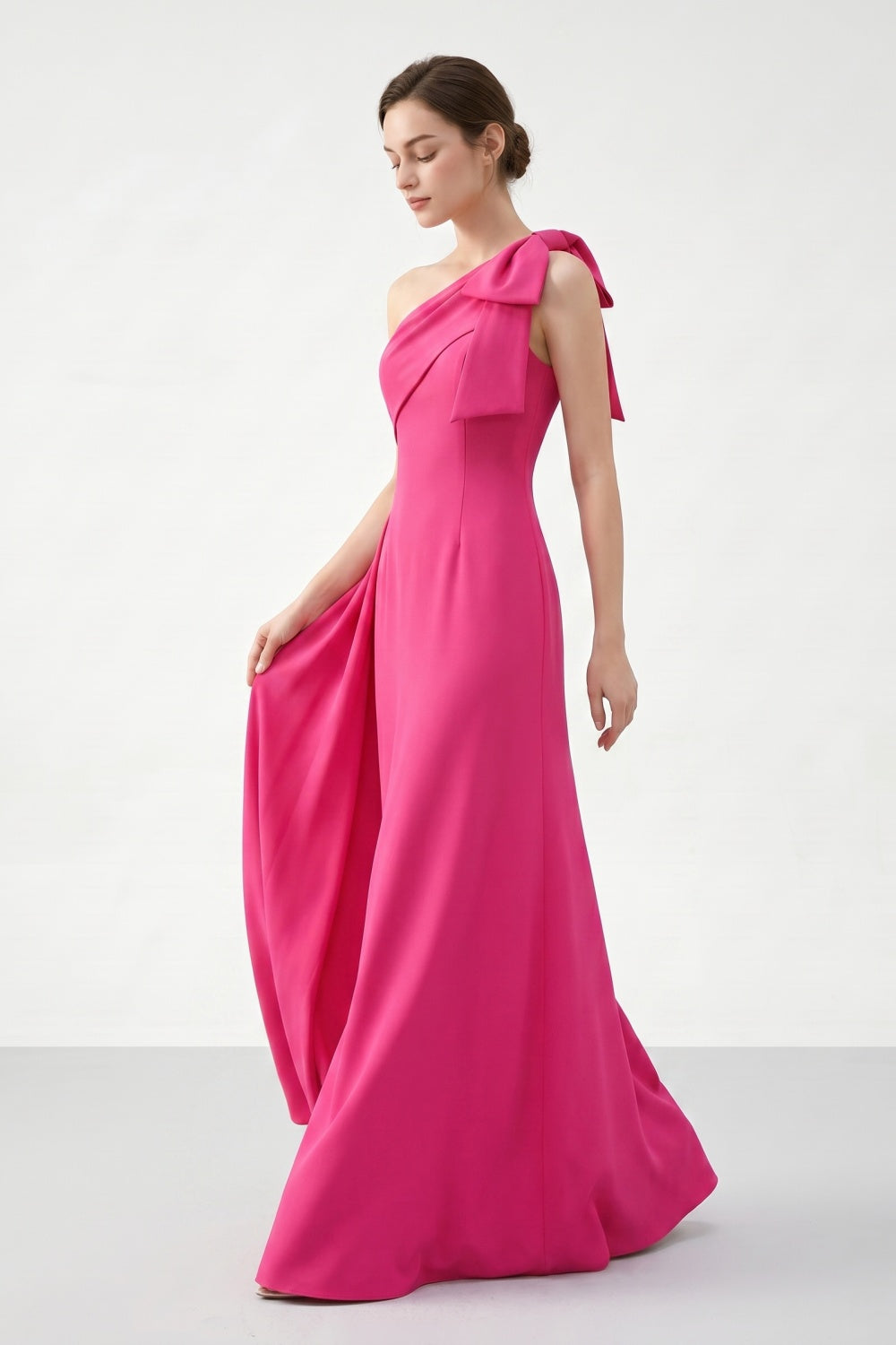 Fuchsia A-Line One Shoulder Satin Long Prom Dress with Bow