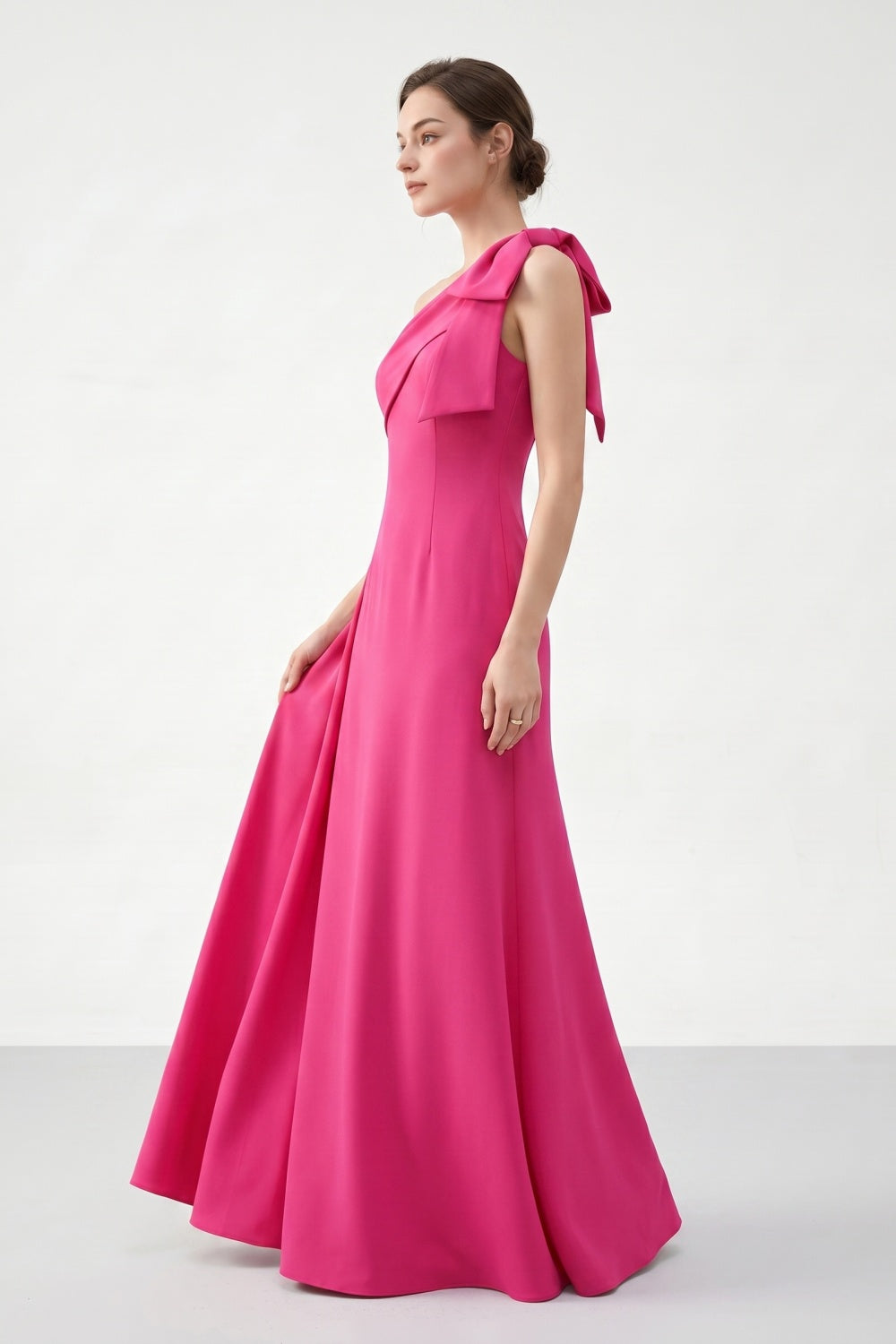 Fuchsia A-Line One Shoulder Satin Long Prom Dress with Bow