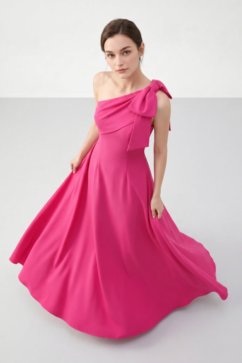 Fuchsia A-Line One Shoulder Satin Long Prom Dress with Bow
