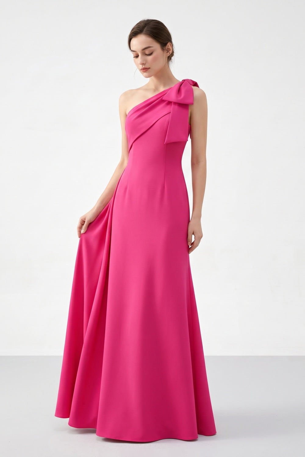 Fuchsia A-Line One Shoulder Satin Long Prom Dress with Bow