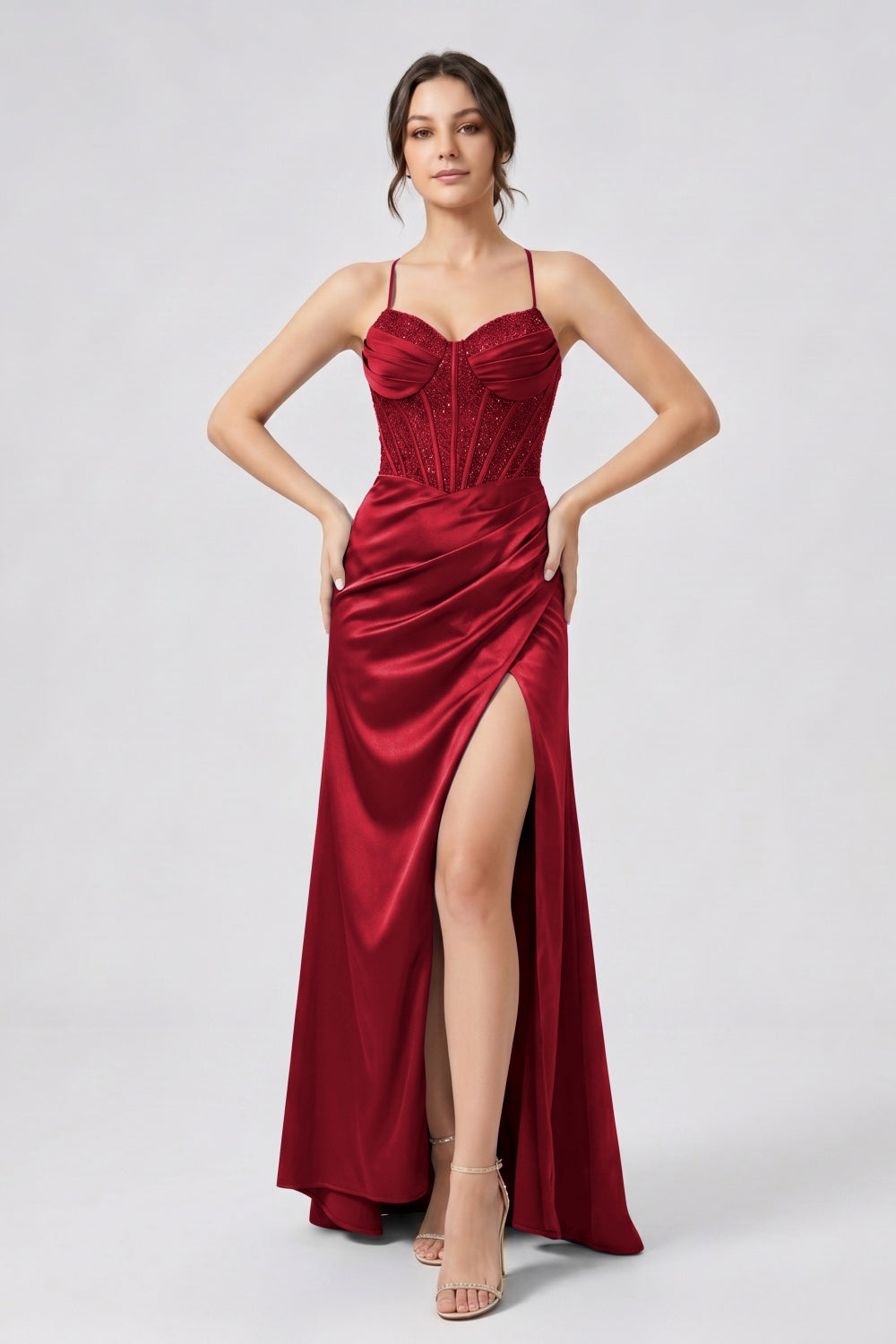 Glitter Royal Blue Spaghetti Straps Mermaid Beaded Satin Long Prom Dress with Slit