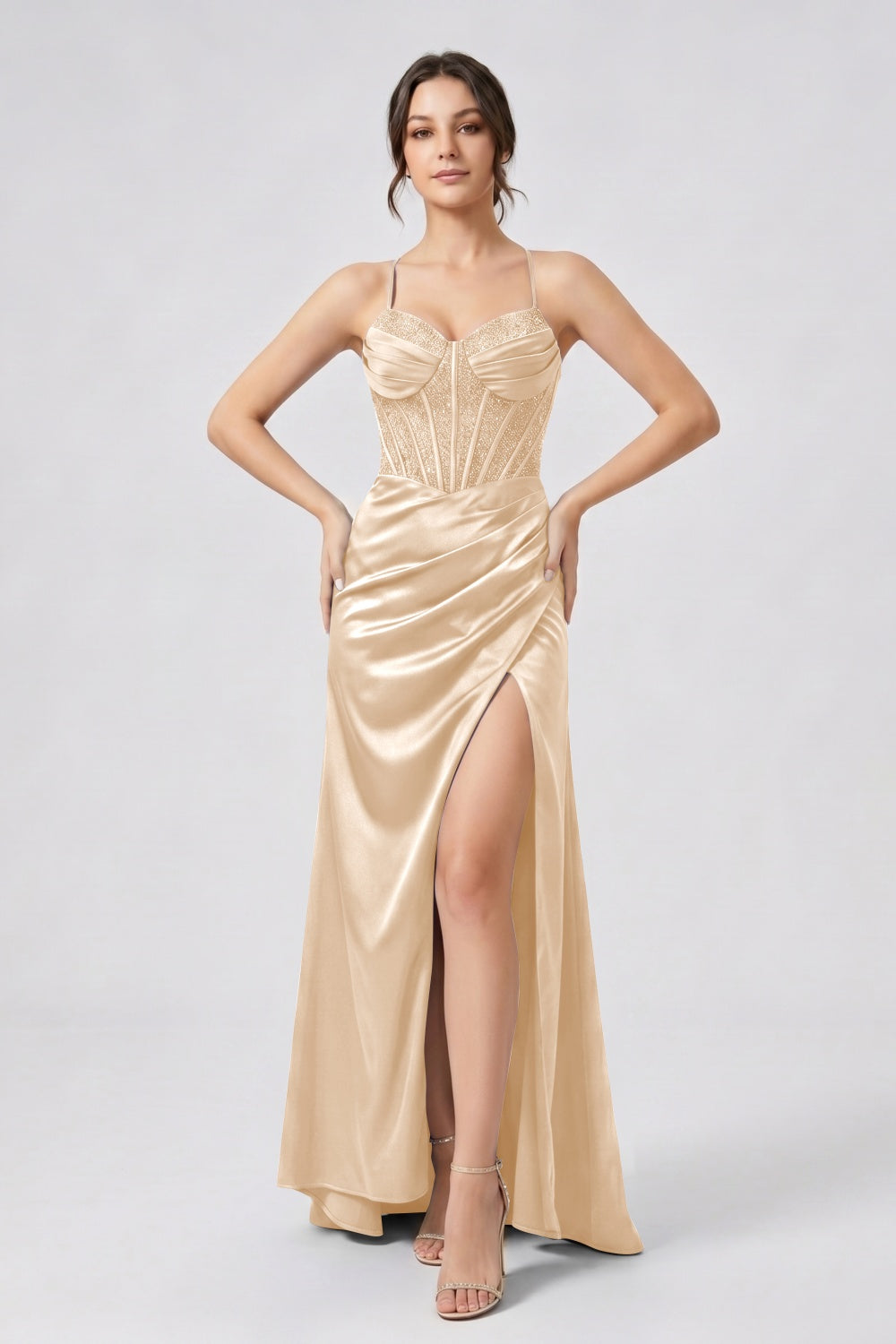 Glitter Royal Blue Spaghetti Straps Mermaid Beaded Satin Long Prom Dress with Slit