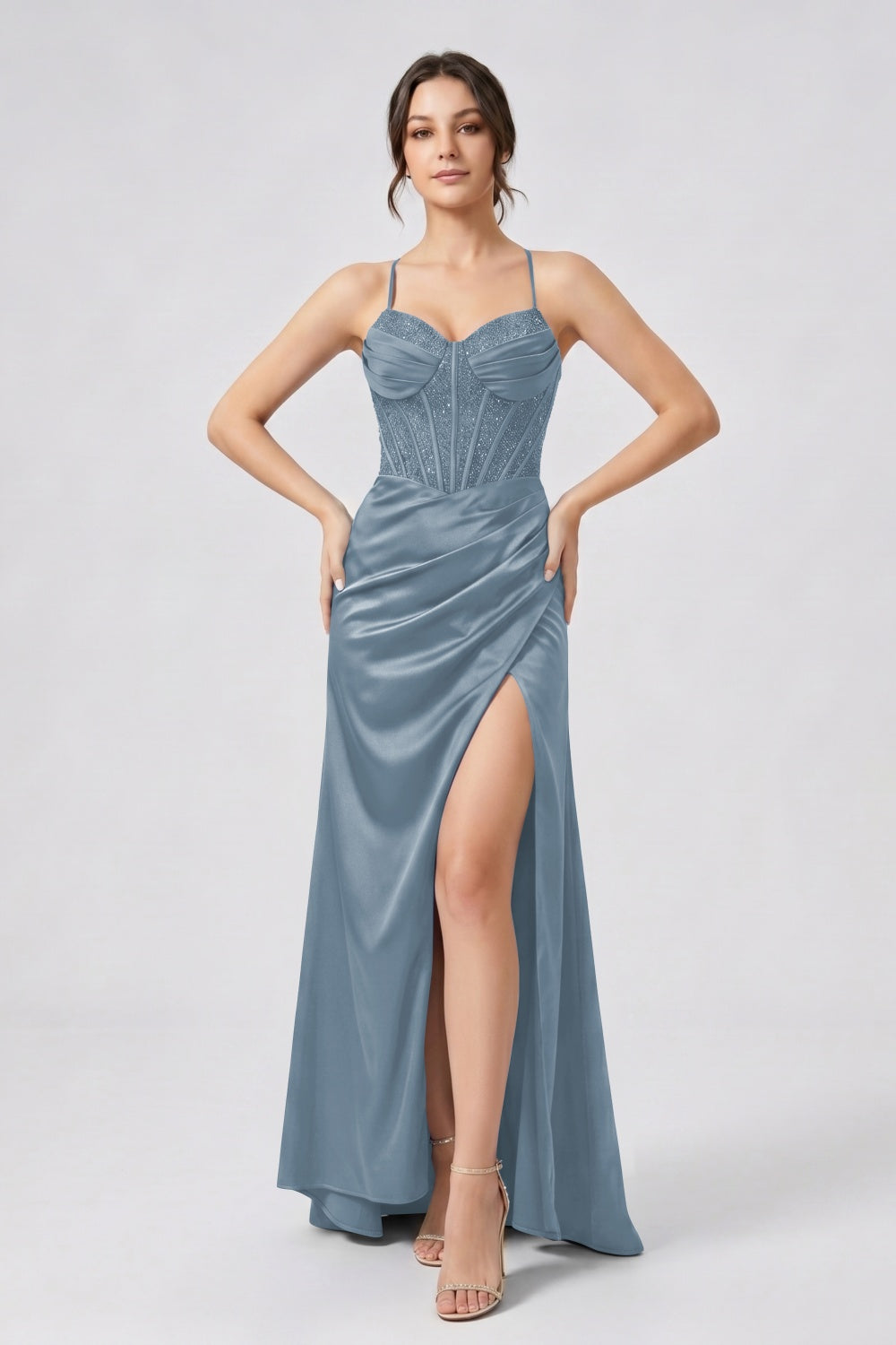 Glitter Royal Blue Spaghetti Straps Mermaid Beaded Satin Long Prom Dress with Slit