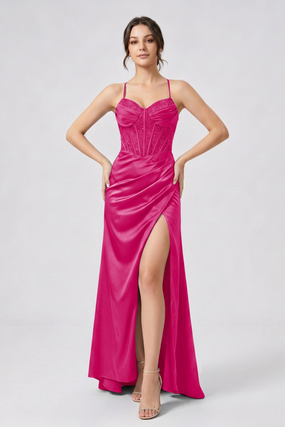 Glitter Royal Blue Spaghetti Straps Mermaid Beaded Satin Long Prom Dress with Slit
