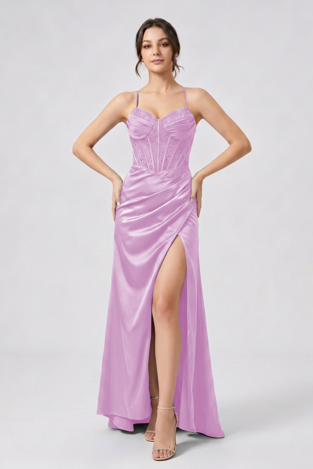 Glitter Royal Blue Spaghetti Straps Mermaid Beaded Satin Long Prom Dress with Slit