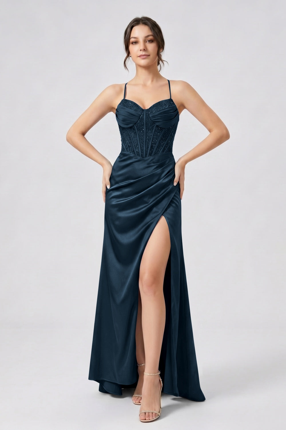 Glitter Royal Blue Spaghetti Straps Mermaid Beaded Satin Long Prom Dress with Slit