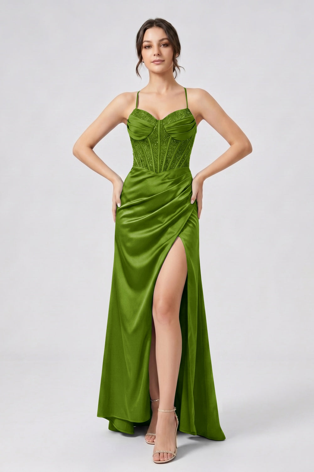 Glitter Royal Blue Spaghetti Straps Mermaid Beaded Satin Long Prom Dress with Slit