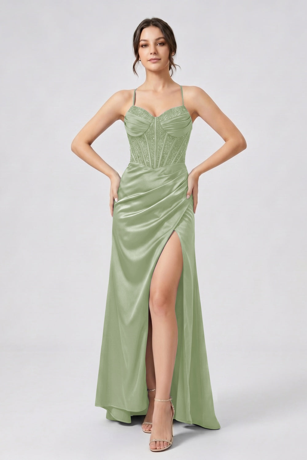 Glitter Royal Blue Spaghetti Straps Mermaid Beaded Satin Long Prom Dress with Slit