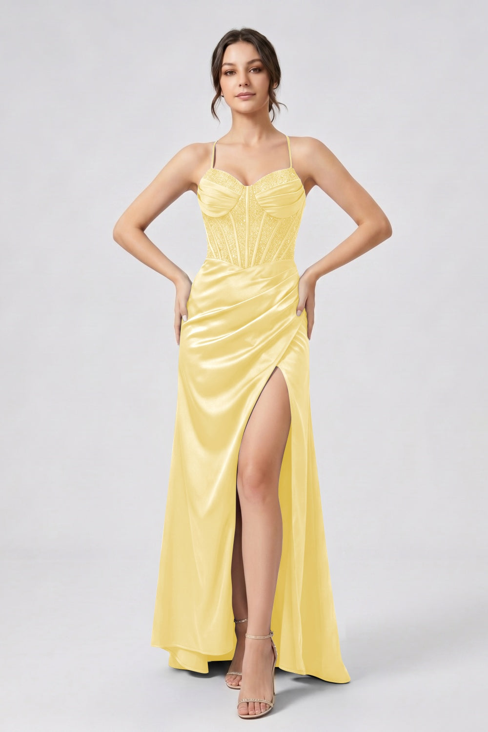 Glitter Royal Blue Spaghetti Straps Mermaid Beaded Satin Long Prom Dress with Slit