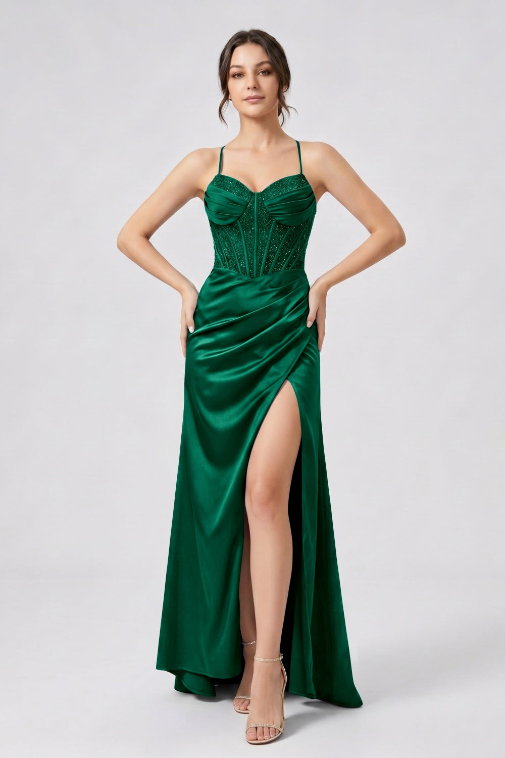 Glitter Royal Blue Spaghetti Straps Mermaid Beaded Satin Long Prom Dress with Slit