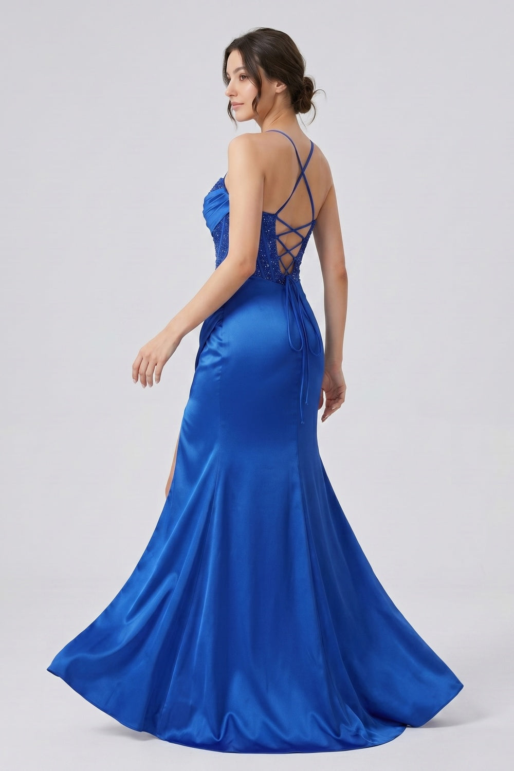 Glitter Royal Blue Spaghetti Straps Mermaid Beaded Satin Long Prom Dress with Slit