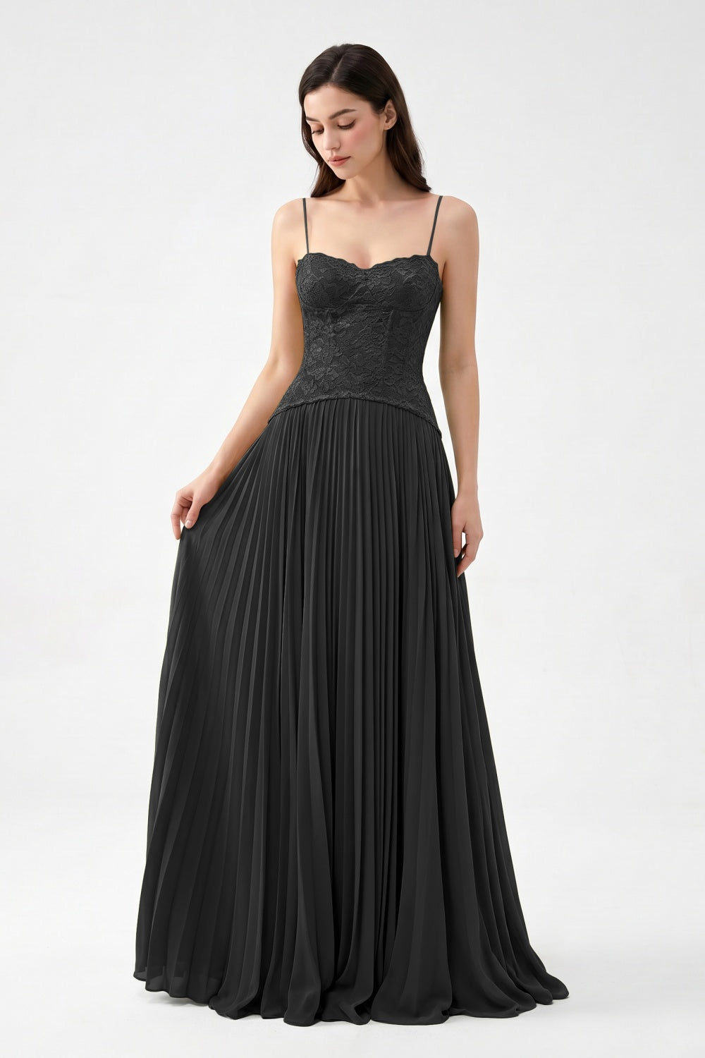 Olive Spaghetti Straps Chiffon Pleated A-Line Prom Dress with Lace