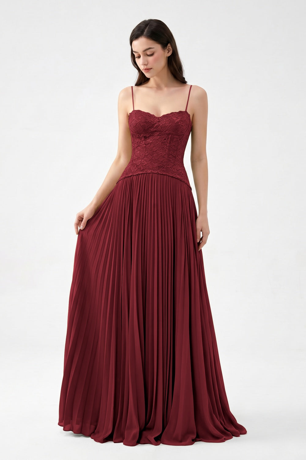 Olive Spaghetti Straps Chiffon Pleated A-Line Prom Dress with Lace