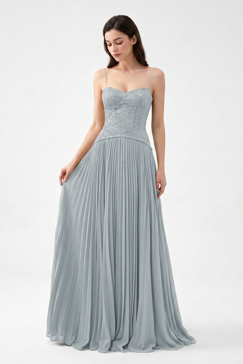 Olive Spaghetti Straps Chiffon Pleated A-Line Prom Dress with Lace