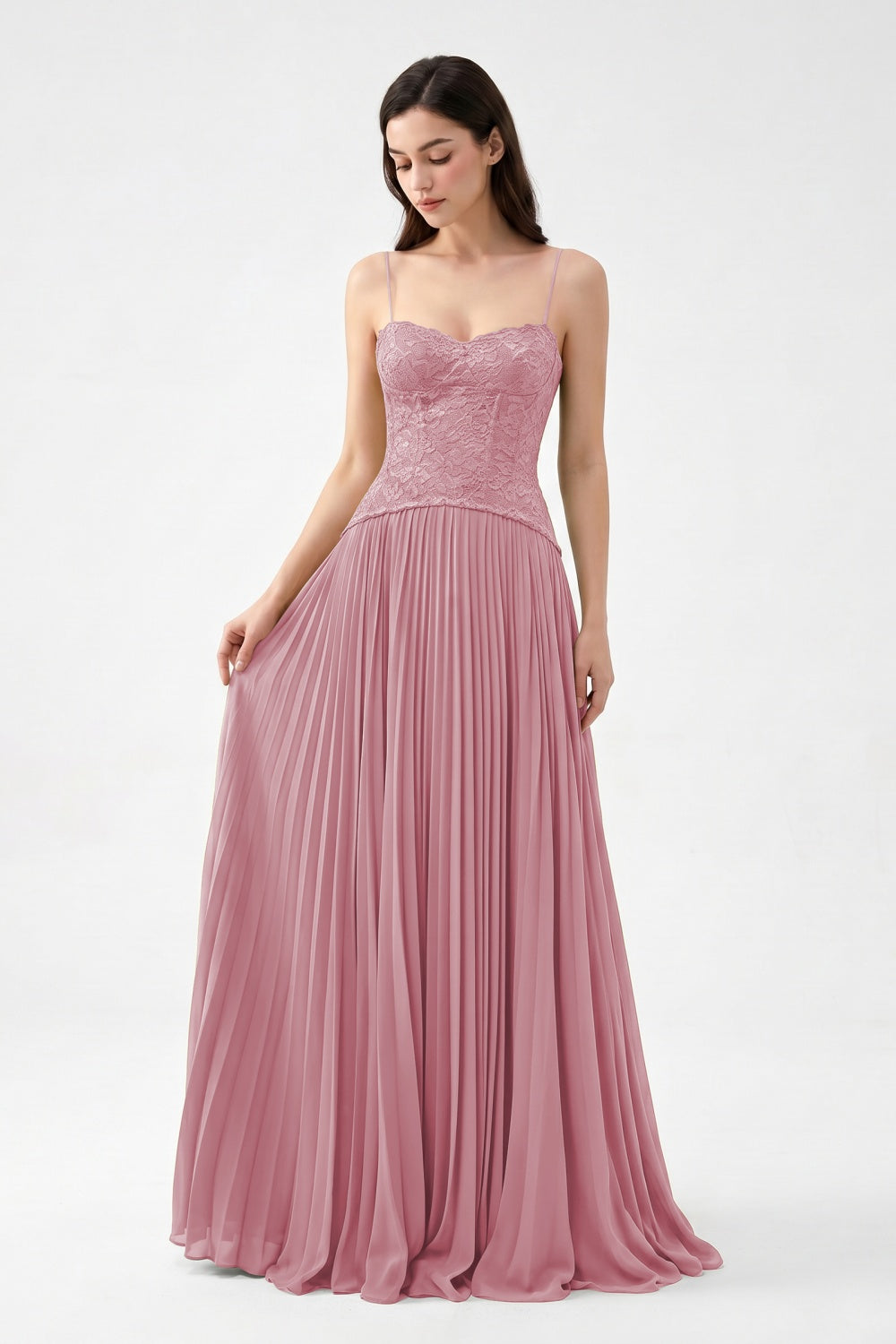 Olive Spaghetti Straps Chiffon Pleated A-Line Prom Dress with Lace