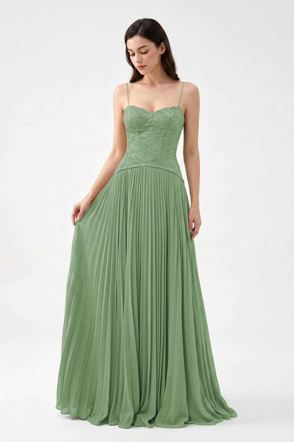 Olive Spaghetti Straps Chiffon Pleated A-Line Prom Dress with Lace