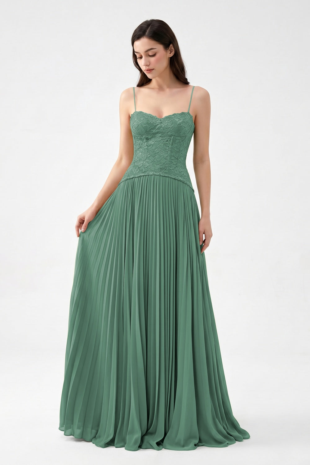 Olive Spaghetti Straps Chiffon Pleated A-Line Prom Dress with Lace