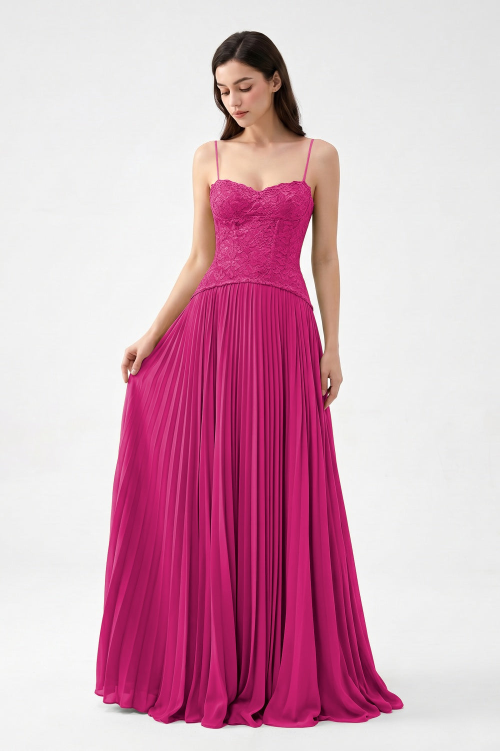 Olive Spaghetti Straps Chiffon Pleated A-Line Prom Dress with Lace