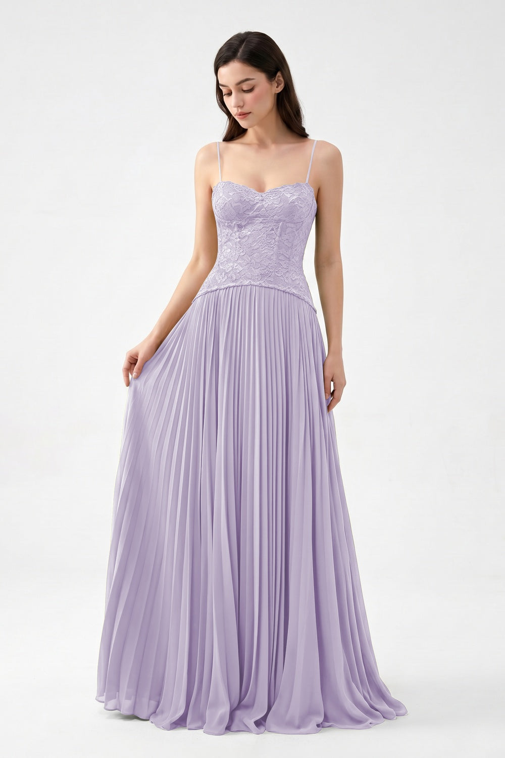 Olive Spaghetti Straps Chiffon Pleated A-Line Prom Dress with Lace