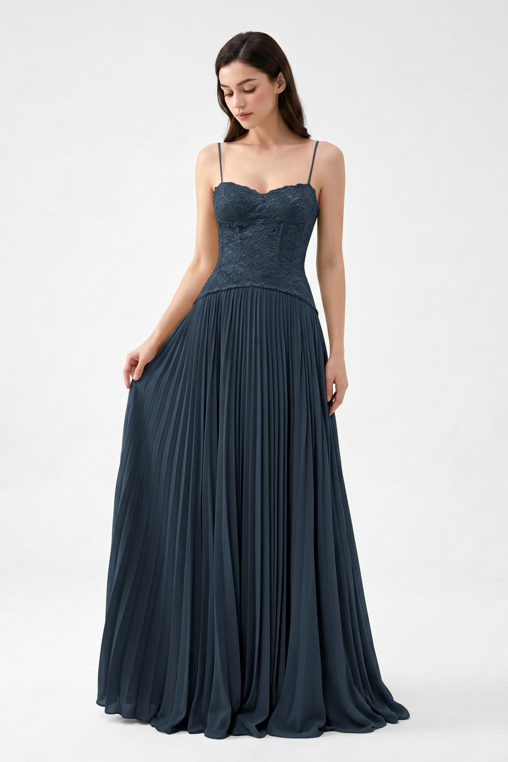 Olive Spaghetti Straps Chiffon Pleated A-Line Prom Dress with Lace