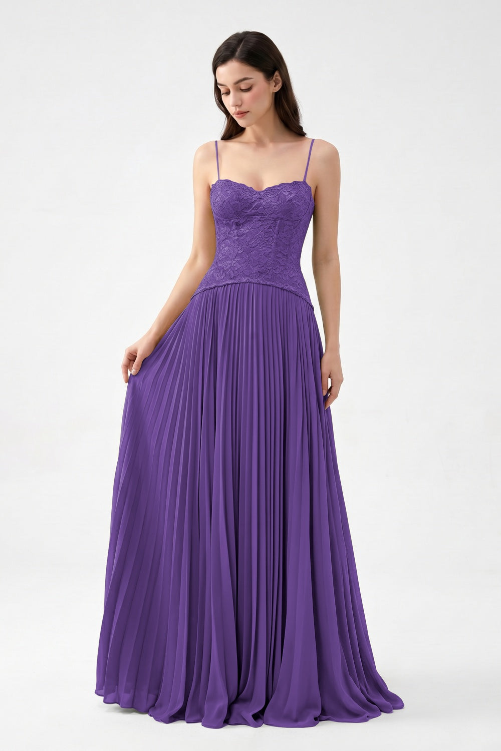 Olive Spaghetti Straps Chiffon Pleated A-Line Prom Dress with Lace