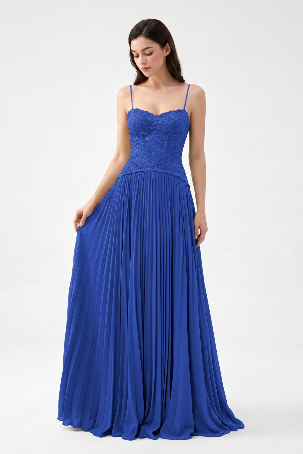 Olive Spaghetti Straps Chiffon Pleated A-Line Prom Dress with Lace