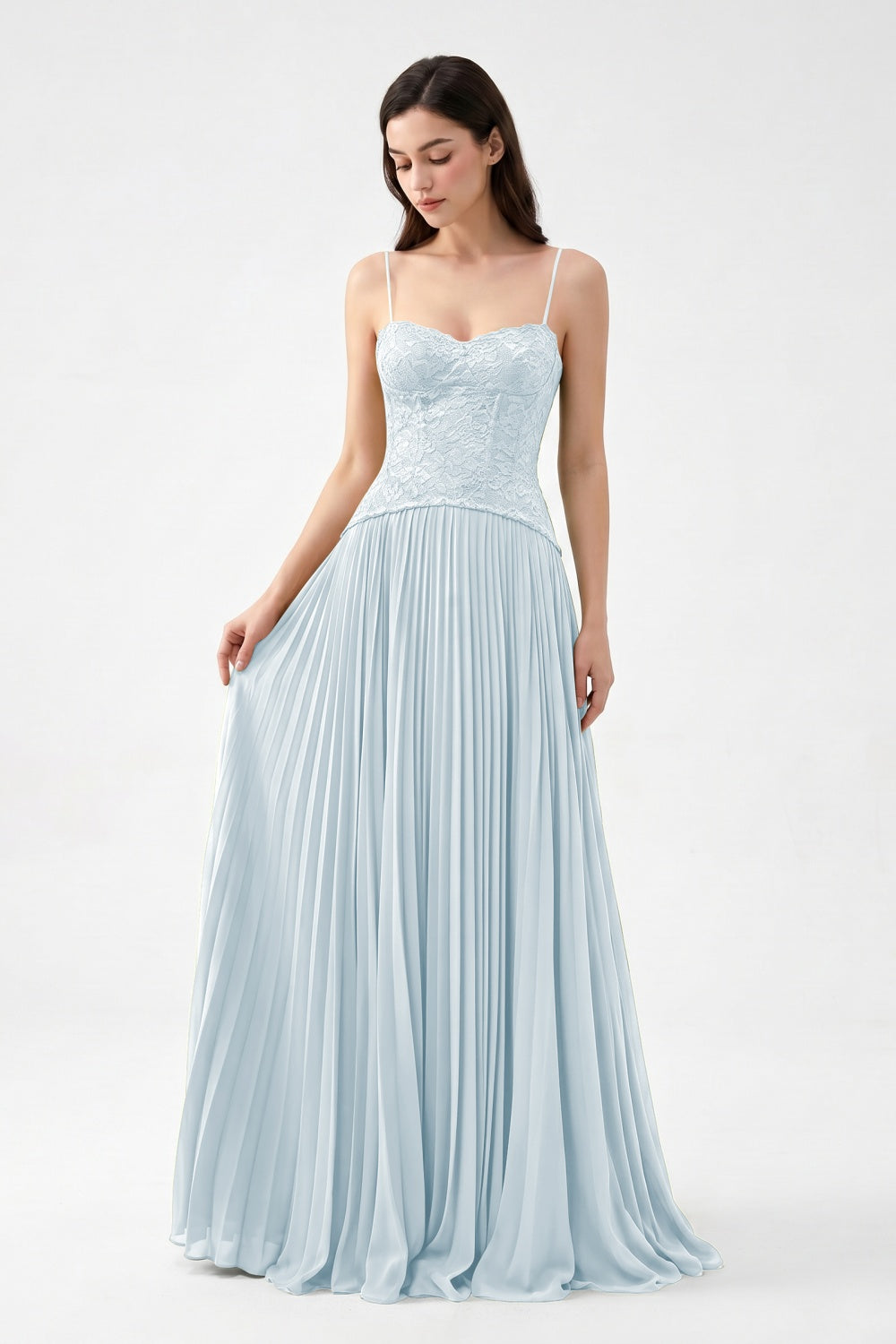 Olive Spaghetti Straps Chiffon Pleated A-Line Prom Dress with Lace