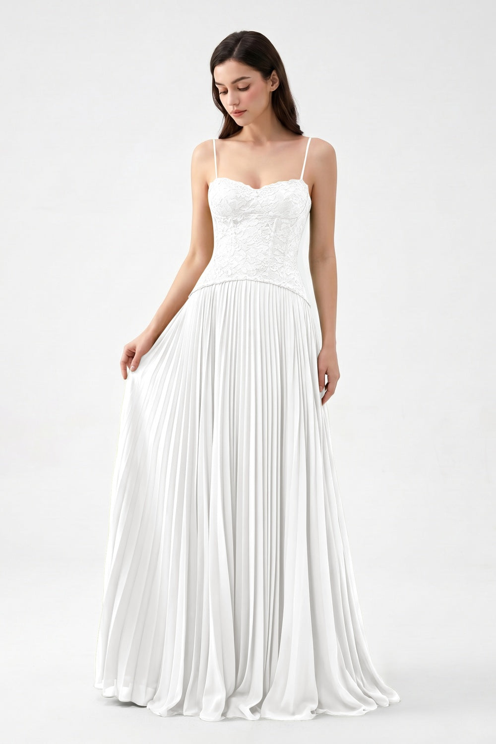 Olive Spaghetti Straps Chiffon Pleated A-Line Prom Dress with Lace