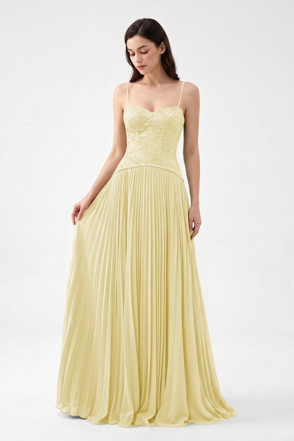 Olive Spaghetti Straps Chiffon Pleated A-Line Prom Dress with Lace