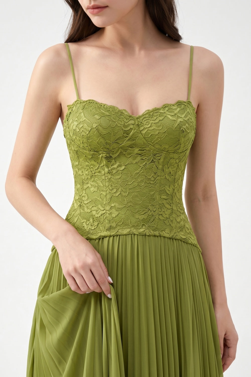 Olive Spaghetti Straps Chiffon Pleated A-Line Prom Dress with Lace