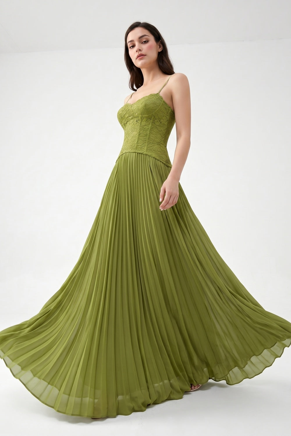 Olive Spaghetti Straps Chiffon Pleated A-Line Prom Dress with Lace