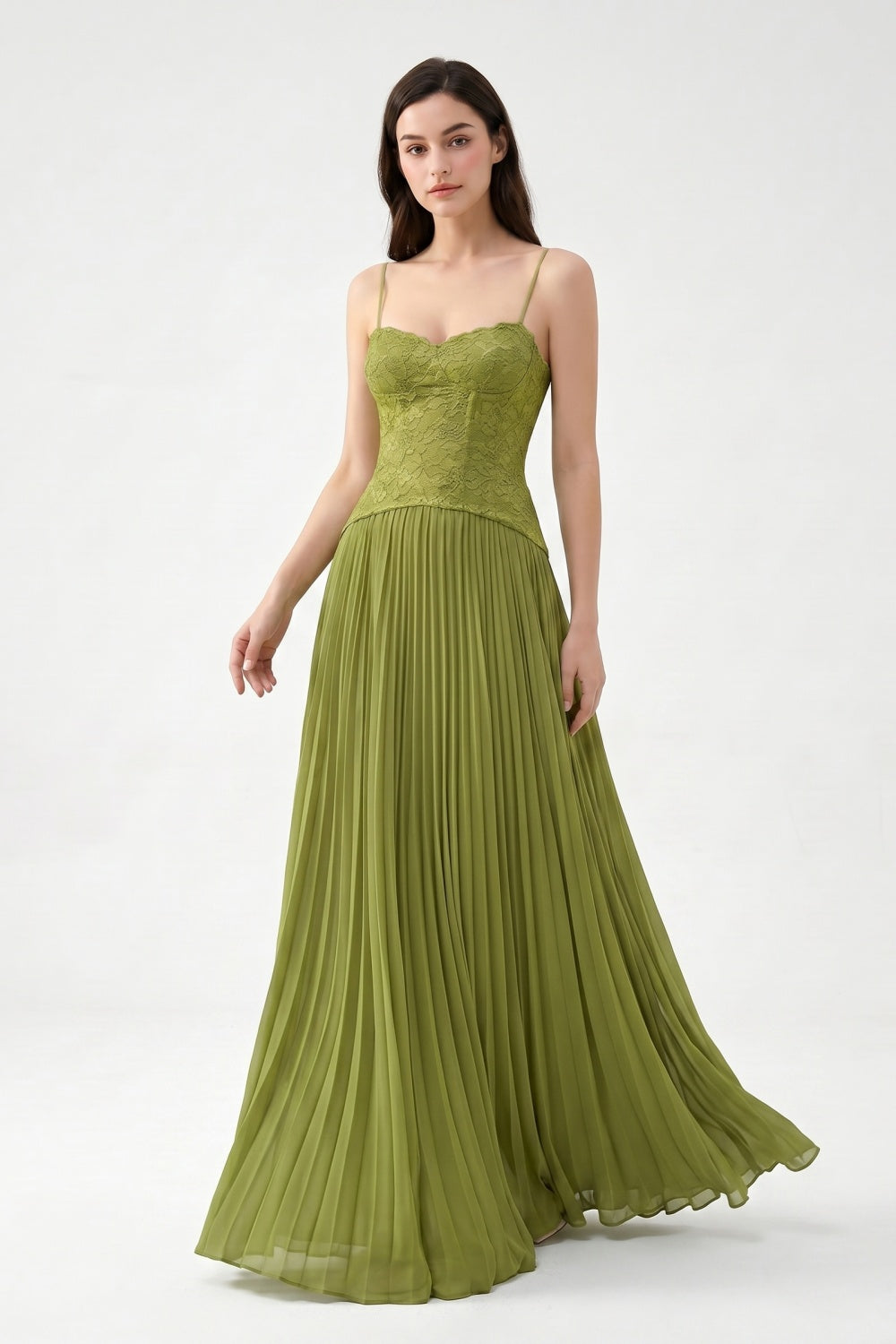 Olive Spaghetti Straps Chiffon Pleated A-Line Prom Dress with Lace