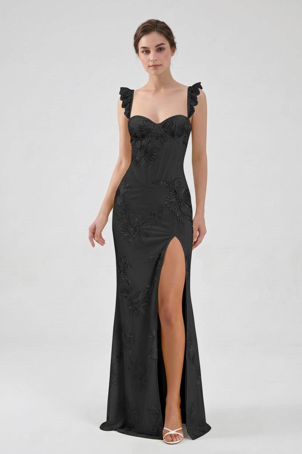 Yellow Spaghetti Straps Floral Tulle Sheath Prom Dress with Slit