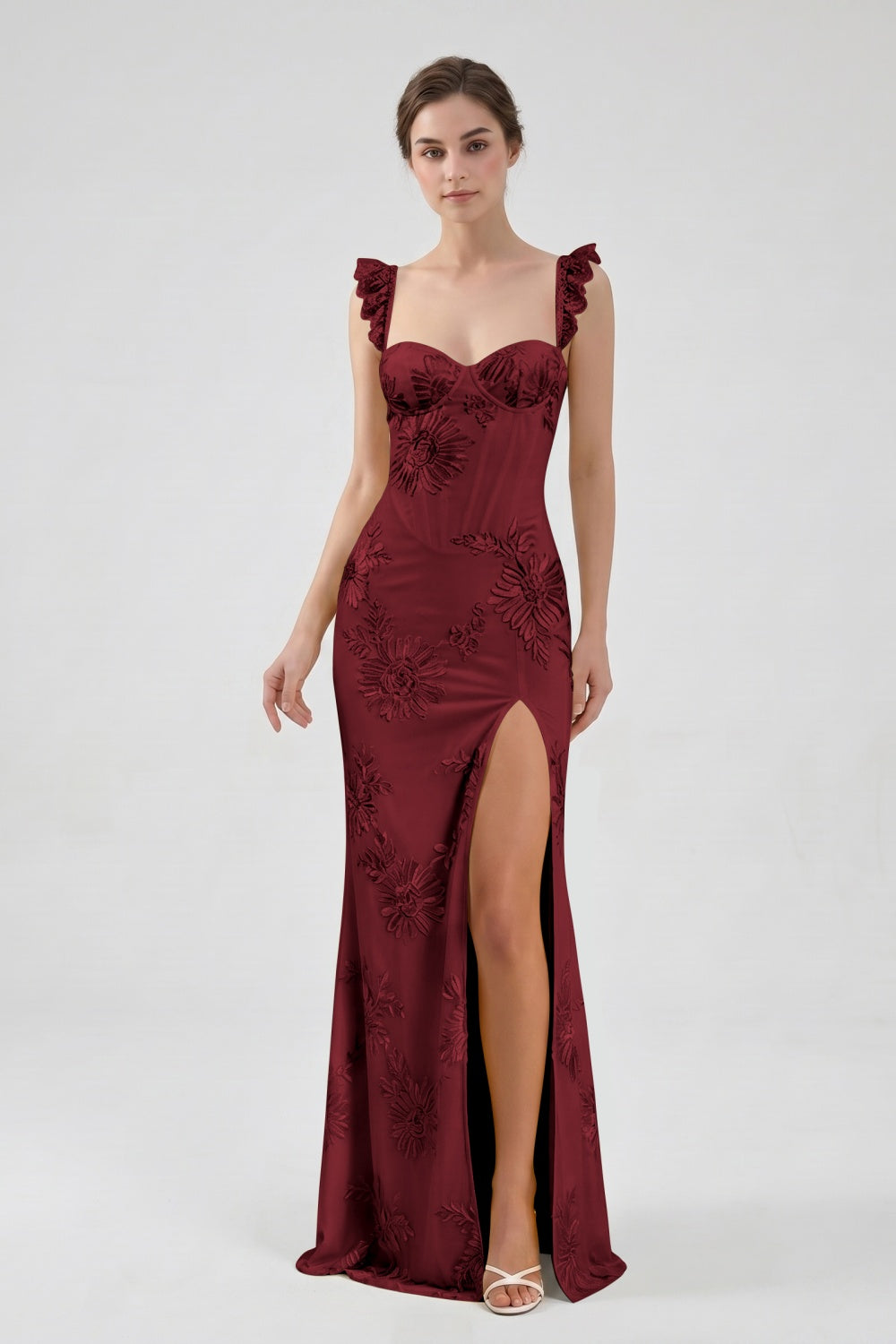 Yellow Spaghetti Straps Floral Tulle Sheath Prom Dress with Slit