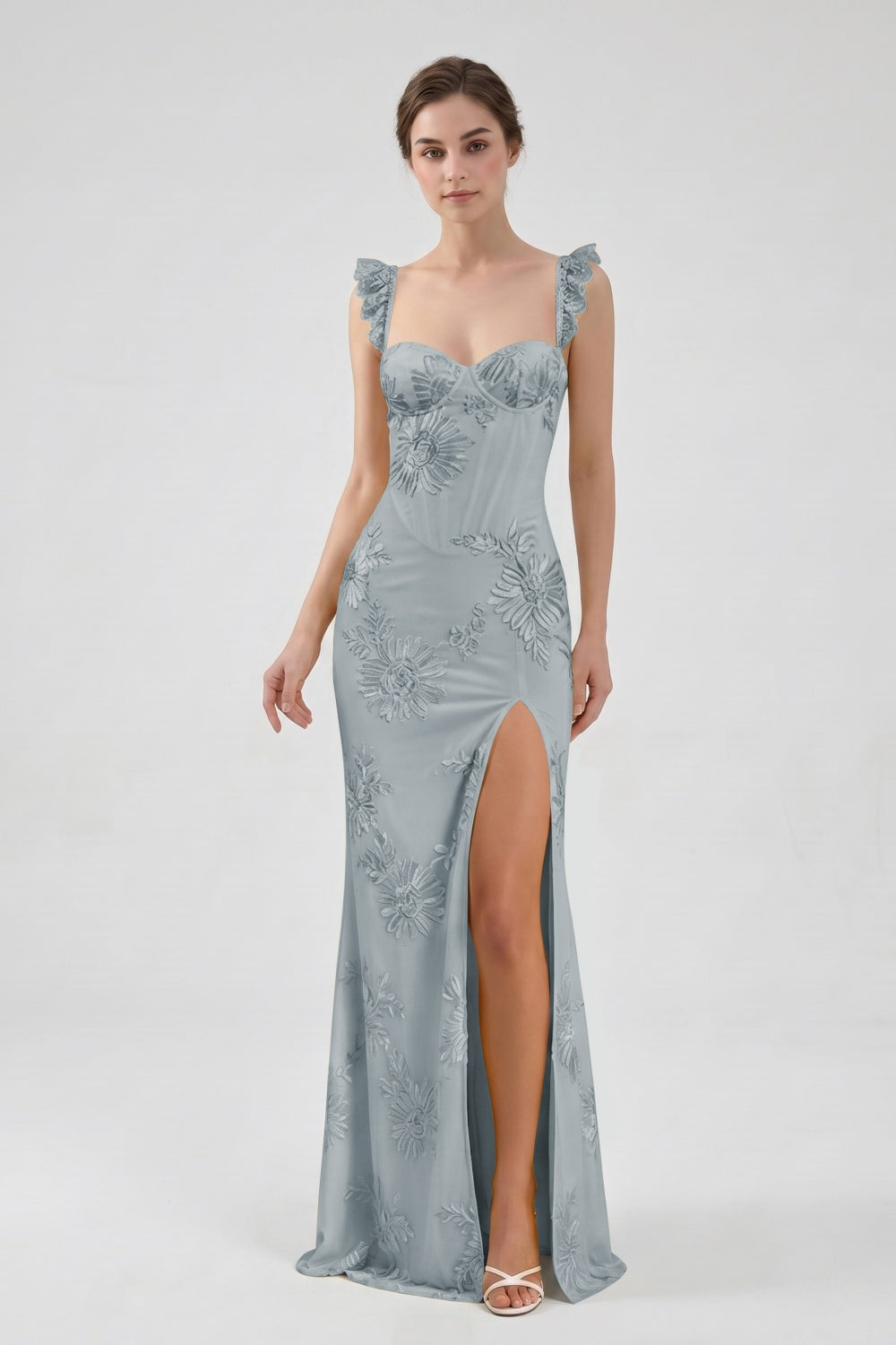 Yellow Spaghetti Straps Floral Tulle Sheath Prom Dress with Slit