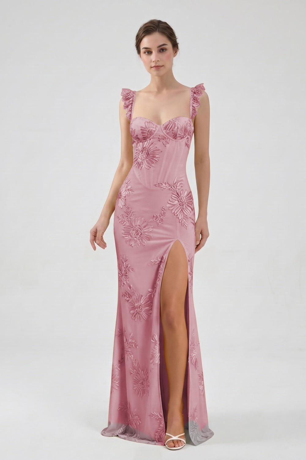 Yellow Spaghetti Straps Floral Tulle Sheath Prom Dress with Slit